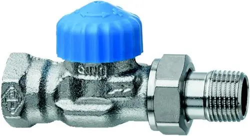 Thermostatventilunterteil aus Metall mit blauer Abdeckung, von IMI Hydronic Engineering, mit Anschlussgewinde, für Regelungsanwendungen in Heizsystemen.